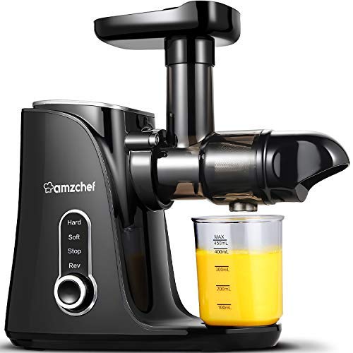 AMZCHEF Estrattore di Succo a Freddo, Estrattore di frutta e verdura con 2 velocità, display a LED, 2 Bottiglia d’Acqua(500ML), motore silenzioso e funzione inversa, funzione anti-intasamento (nero)