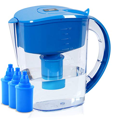 BU-KO Brocca per Acqua alcalina 3,5 Litri, ionizzatore dell’Acqua salubre e 3 cartucce di Filtro Incluse, Striscia per Test PH BPA (Blu)