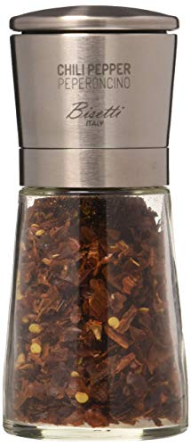 Bisetti Chili Pepper Macinapeperoncino Speziali Tappo Acciaio Inox Made Italy Vetro, Inossidabile, Argento/Trasparente