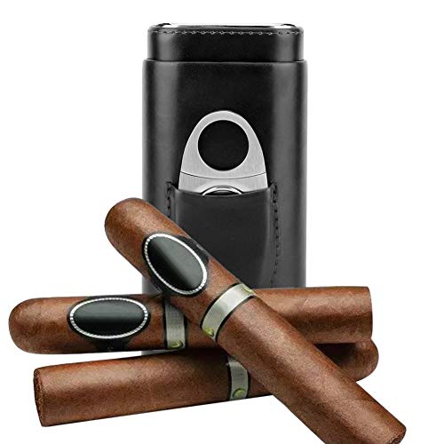 Garosa Custodia per Sigari da Viaggio in Pelle Portatile in Legno di Cedro Humidor con Sigari Rivestiti in Legno di Cedro 3 Tubi con Supporto Taglierina per Sigari in Acciaio Inox (Nero)