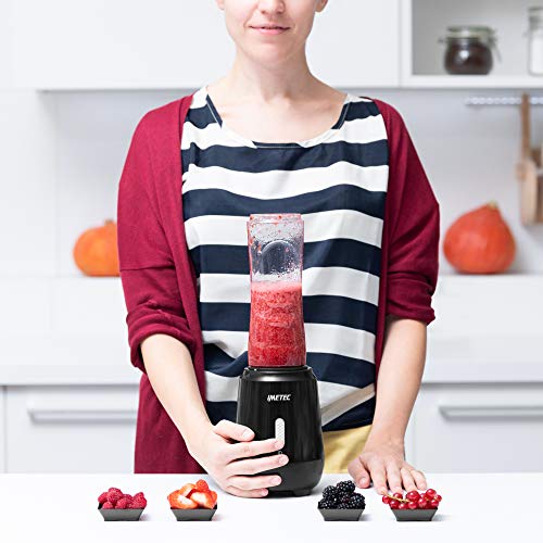 Imetec Personal e Sport Blender PB 100 Mini Frullatore con 2 Bottiglie Take-Away in Tritan e 4 Lame in Acciaio Inox, Plastica, Nero