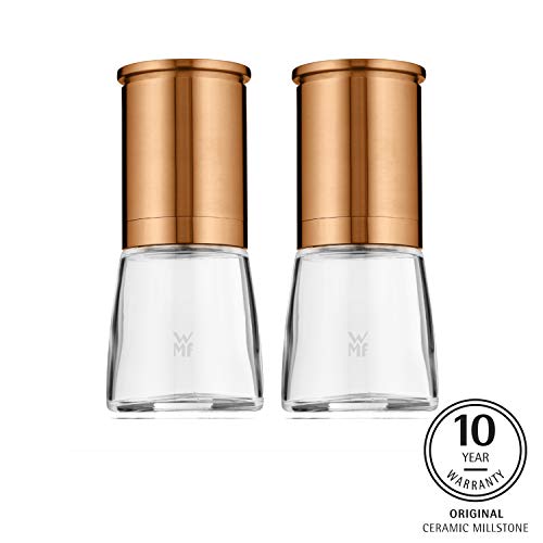 WMF 668019990 De Luxe-Set di 2 macinasale e macinapepe riempiti, 14 cm, Ø 6 cm, in Acciaio Inox Cromargan, Vetro, meccanismo in Ceramica, macinino per Sale, Pepe, Peperoncino, Rame