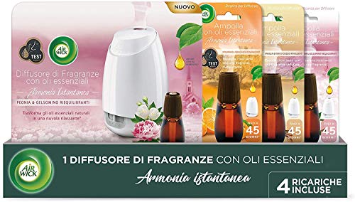 Airwick Diffusore di Oli Essenziali – 1 Confezione con un Profumatore per Ambienti e 4 Ricariche fragranze miste: 2 Peonia e Gelsomino, 1 Mandarino e Arancia Dolce, 1 Vaniglia e Fiori di Ciliegio