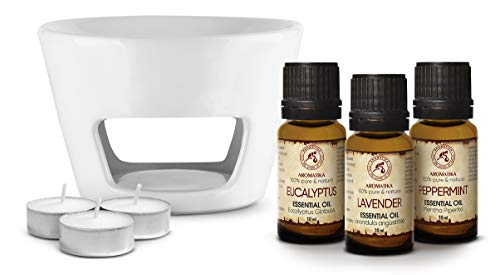 Bruciatore con Oli Essenziali e Candele per Aromaterapia – Lavanda 10ml – Eucalipto 10ml – Menta Piperita 10ml – Decorazione Della Stanza – Aromolamp