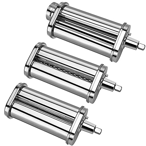 PHISINIC Set di 3 Accessori per Impastatrice Planetaria,con Sfogliatrice,Tagliapasta per Spaghetti e Tagliapasta per Fettuccine Compatibile per PHISINIC&KitchenAid, Acciaio, Argento