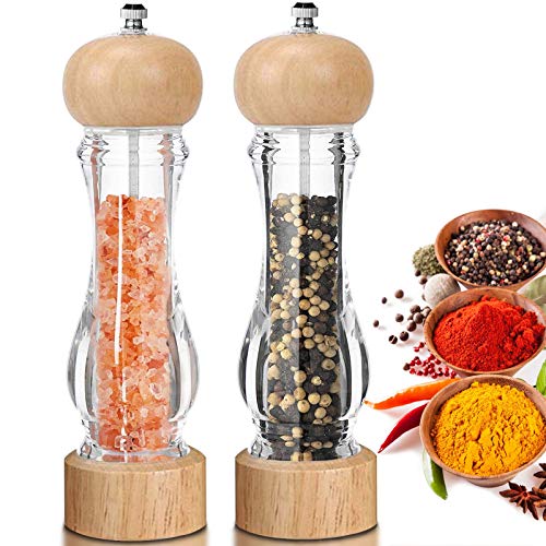 Set di 2 Macina Sale e Pepe, Premium Macinapepe in Ceramica con Corpo in Acrilico Trasparente e Grana Regolabile, Macinino Manuale per Peperoncino Nero e Sale e VariSpezie, 8 Pollici-Colore del Legno