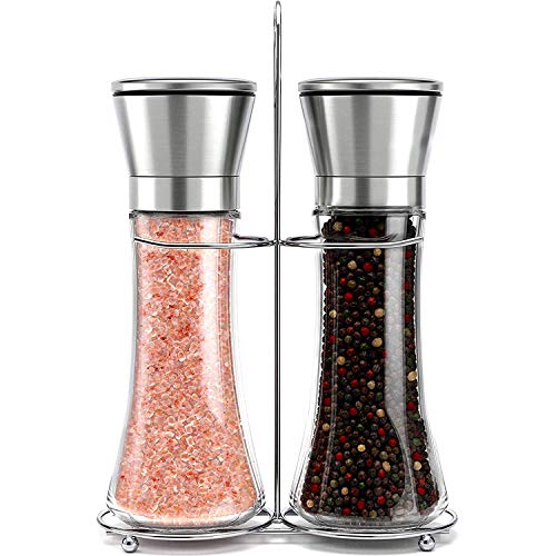 Somine Set Macina Sale e Pepe (2 pezzi), Macinapepe con Ruvidità Regolabile, Agitatore per Sale e Pepe in Acciaio Inox con Granulatore in Ceramica, Mulino per Pepe Contenitore in Vetro 180ml