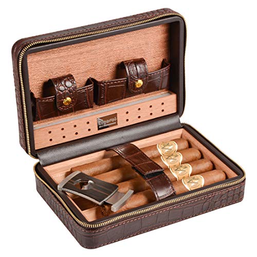 Volenx Humidor da viaggio con e tagliasigari in acciaio inossidabile per 4 Sigari, interno in legno di cedro, Marrone
