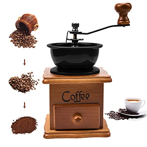 WHC Macinacaffè manuale, macinacaffè vintage Macinacaffè manuale in legno antico con impostazione dell’ingranaggio regolabile per casa, ufficio e viaggi Office