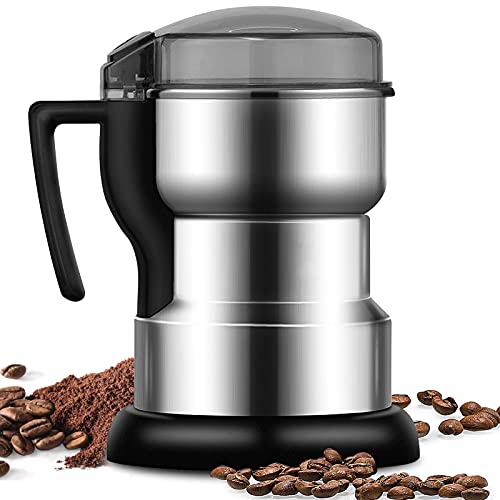 Moongiantgo Macinacaffe Elettrico 400W 35000rpm, Macina Cereali, Caffè e Spezie in Acciaio Inox, Design di Sicurezza APERTO-COPERCHIO-STOP, Ideale per Materiali Secchi, Cereali, Spezie, Erbe, Caffè